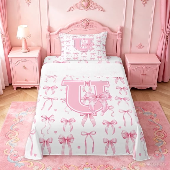 Manfei Pink Bow Loves Twin Sheet Sets For Girls,Pink 3D Letter U Initial Print Bedding For Kids,3-Piece