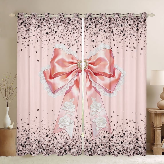 Manfei Pink Bow Pearl Rose Black Out Curtains for Girls, Cute Ribbon Curtains Pack of 2 (42x63 Each)