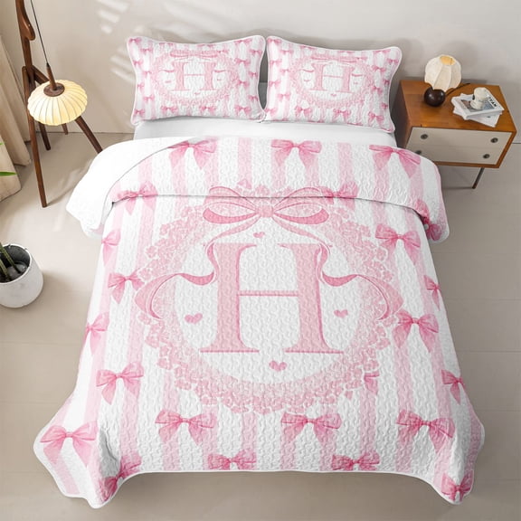 Manfei Pink Bow Personalized Initial H Bed Spread Queen for Girls,Kawaii Stripes Love Heart Print Queen Coverlet Set for Teens Women
