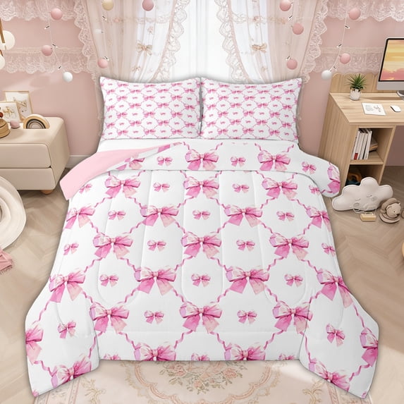 Manfei Pink Bow Quatrefoil Full Size Comforter Sets, Cute Romantic Bedding Sets for Girls Women, Pink Reversible, 3pcs