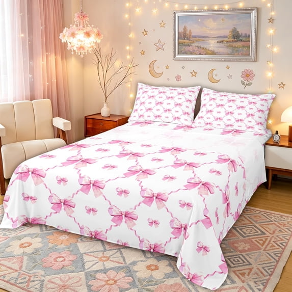 Manfei Pink Bow Quatrefoil Full Size Sheets, Cute Romantic Bed Sheets for Girls Women, 4pcs