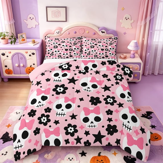 Manfei Pink Bow Ribbon Queen Comforter Set,Halloween Skeleton Comforter Sets Queen,Pink Reversible,3-Piece,1 Comforter and 2 Pillowcases