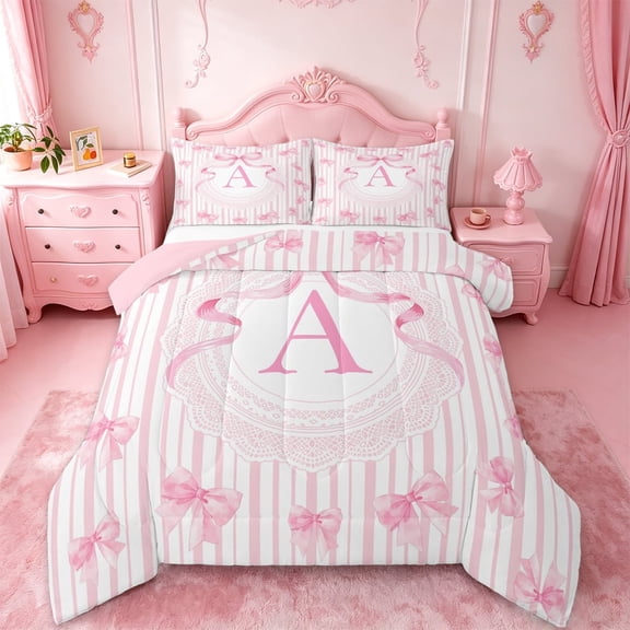 Manfei Pink Bow Striped Full Size Comforter Sets For Girls,A Letter Initial Bedding Sets For Kids,Pink Reversible,3-Piece