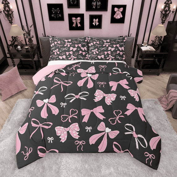 Manfei Pink Bow Tie Bedding Comforter Set 2pcs for Kids Girls, Princess Style Twin Comforter Sets, Girly Cute Bowknot Bedding Set, Super Cozy Room Decor