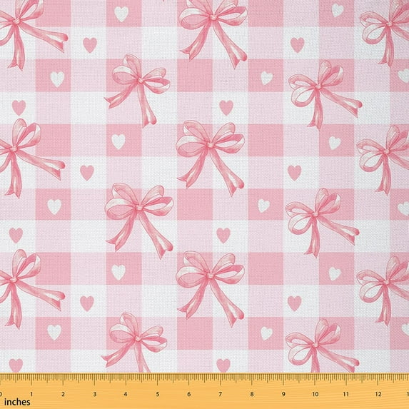 Manfei Pink Bow Tie Fabric by the Yard (1 Yard) for Girls, Princess Buffalo Check Decorative Fabric by the Yard, Love Heart Printed DIY Fabric