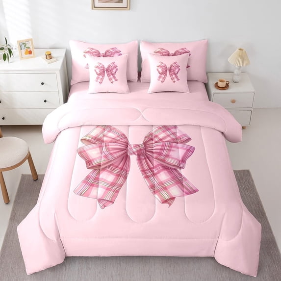 Feelyou Pink Bow Twin Bedding Sets 7-Piece for Teens, Princess Girl Bedding Comforter Set, Cartoon Ribbon Theme Sheet Sets, Microfiber Bedroom Decoration