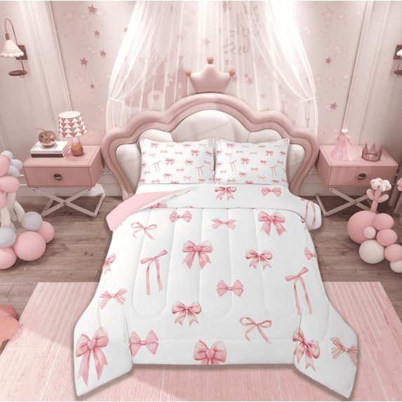 Manfei Pink Bow Twin Comforter Sets For Girls, Cute Bowknot Kawaii Ribbon Bow Bedding Set For Girl Reversible 2 Pieces
