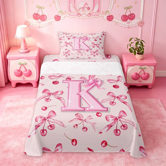 Manfei Pink Bow Twin Sheet Sets For Girls,Cartoon 3D Letter K Initial Bedding For Kids,3 Pieces