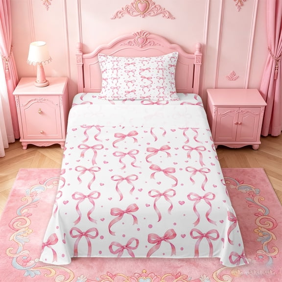 Manfei Pink Bow Twin Sheet Sets For Girls,Coquette Bow Polka Dot Bedding,3pcs
