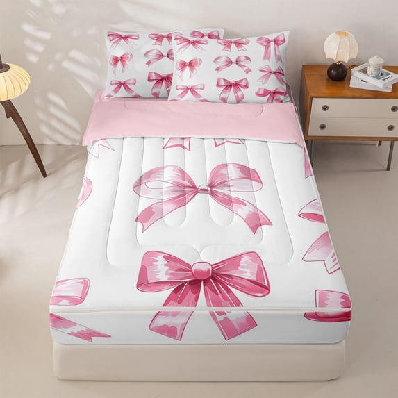 Manfei Pink Bow Zipper Twin Comforter Sets with Fitted Sheet and 2 Pillowcases For Girl,Coquette Bowknot Style Zipper Bedding Set For Kids,Pink Reversible,4 Pieces