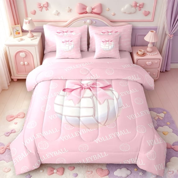 Manfei Pink Bowknot 7-Piece Twin Bedding,3D Cartoon Volleyball Pattern Bedding Comforter Set,Pink Reversible