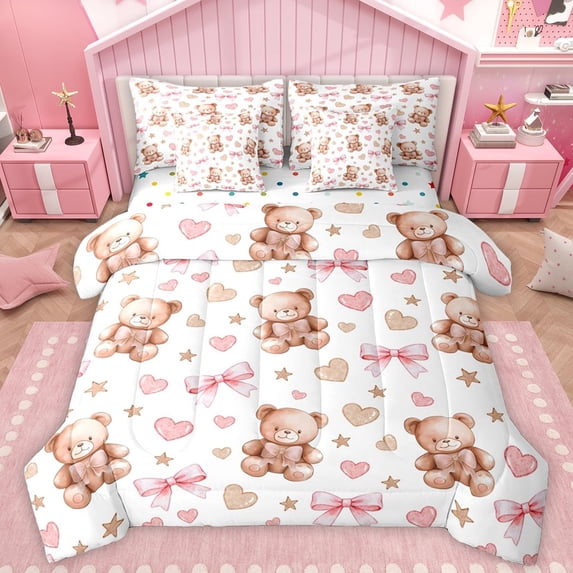 Manfei Pink Bowknot Bear Bedding Comforter Set 7 Pieces, Cartoon Love Heart Print Full Bedding Set, Teens Kids Boys Girls Reversible Fitted Sheet Flat Sheet, Luxury Bedroom Decor