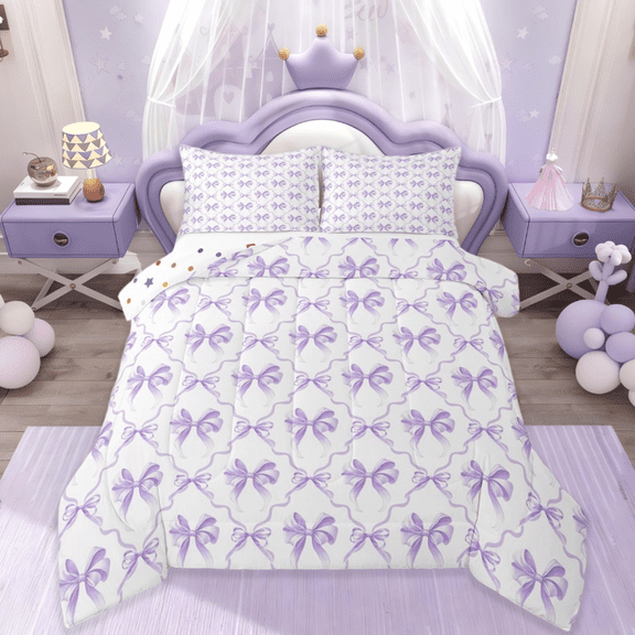 Manfei Pink Bowknot Bedding Comforter Set,Ribbon Bowtie Bow Twin Comforter Sets,Purple White Bedding Set For Girls,Microfiber Bedroom Decor Reversible,2-Piece