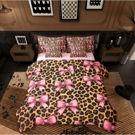 Manfei Pink Bowknot Bow Bedding Comforter Set 7-Piece,Brown Leopard Print Queen Bedding Sets,Jungle Animal Queen Sheet Sets For Girls,Microfiber Room Decorative Reversible