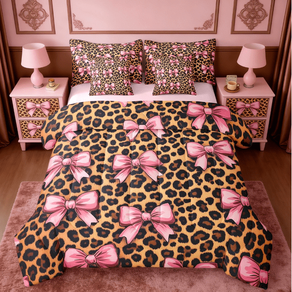 Manfei Pink Bowknot Bow Bedding Comforter Set 7 Pieces,Brown Leopard Print King Bedding Sets,Jungle Animal Bed Sheets For Girls,Microfiber Room Decorative Reversible