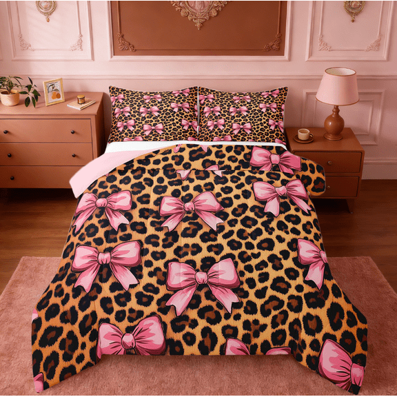 Manfei Pink Bowknot Bow Bedding Comforter Set,Brown Leopard Print Twin Comforter Sets,Jungle Animal Bedding Set For Girls,Microfiber Room Decorative Reversible,2 Pieces