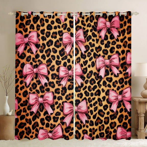 Manfei Pink Bowknot Bow Curtains Pack of 2 (42x84 Each),Brown Leopard Print Curtains Blackout,Jungle Animal Bedroom Curtains For Girls,Microfiber Room Decorative