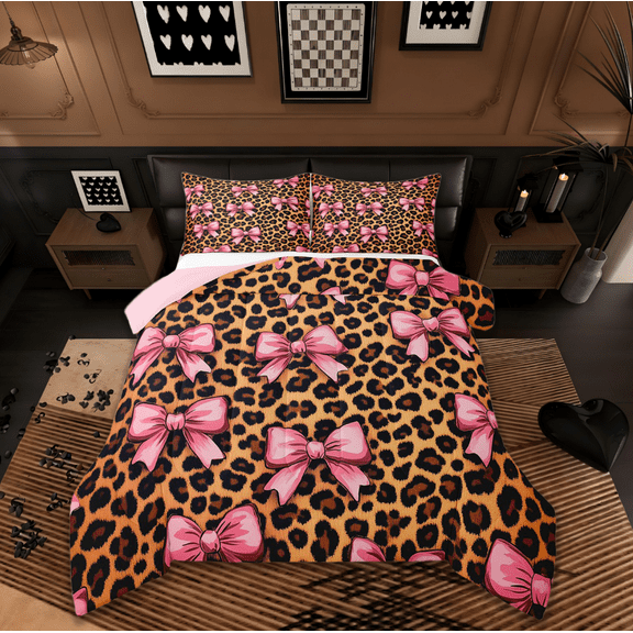 Manfei Pink Bowknot Bow Queen Comforter Set,Brown Leopard Print Bedding Sets,Jungle Animal Bedding Comforter Set For Girls,Microfiber Room Decorative Reversible,3-Piece