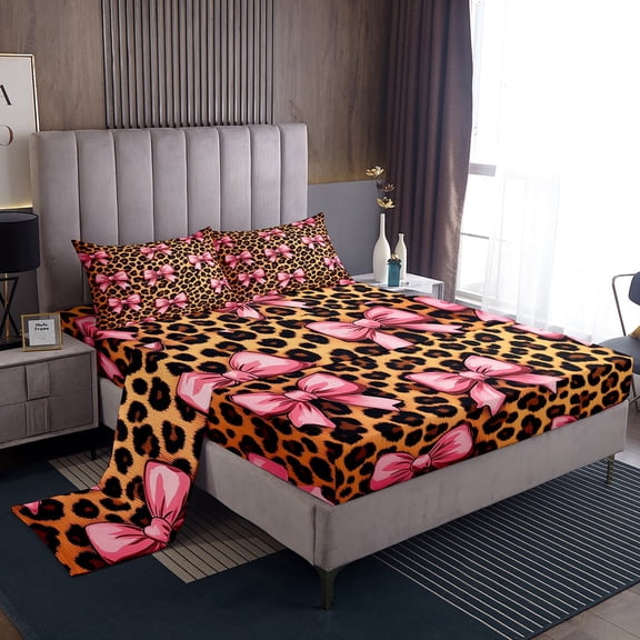 Manfei Pink Bowknot Bow Twin Sheet Sets,Brown Leopard Print Twin Fitted Sheet,Jungle Animal Flat Sheet For Girls,Microfiber Room Decorative,3 Pieces