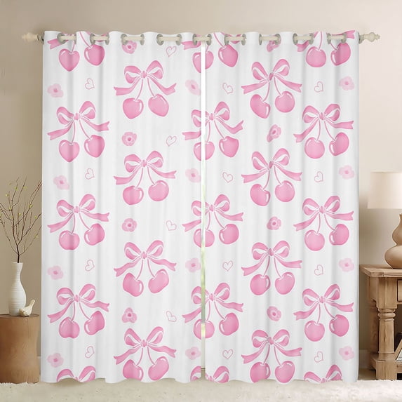 Manfei Pink Bowknot Cherry Black Out Curtains for Girls, Cute Flower Floral Curtains Pack of 2 (42x63 Each)