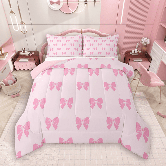 Manfei Pink Bowknot Full Size Comforter Sets 3-Piece for Girls, Kawaii Bow Bedding Comforter Set, Cute Bowtie Bedding Sets, Ultra Soft Home Decor