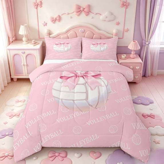 Manfei Pink Bowknot Full Size Comforter Sets,3D Cartoon Volleyball Pattern Bedding Comforter Set,Pink Reversible,3pcs,1 Comforter and 2 Pillowcases