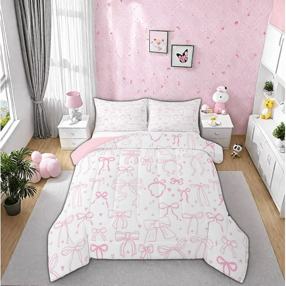 Manfei Pink Bowknot Full Size Comforter Sets,Cartoon Heart Print Bedding Comforter Set,Ribbon Bowtie Bow Bedding Sets For Girls,Microfiber Bedroom Decor Reversible,3-Piece