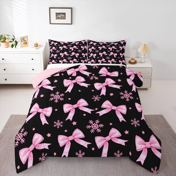 Manfei Pink Bowknot Full Size Comforter Sets,Xmas Snowflake Bedding Comforter Set,Ribbon Bowtie Bow Bedding Sets For Girls,Microfiber Bedroom Decor Reversible,3pcs