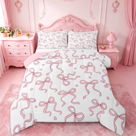 Manfei Pink Bowknot Heart Queen Comforter Set For Girls,Princess Bow Pattern Bedding Comforter Set For Kids,Pink Reversible,3pcs