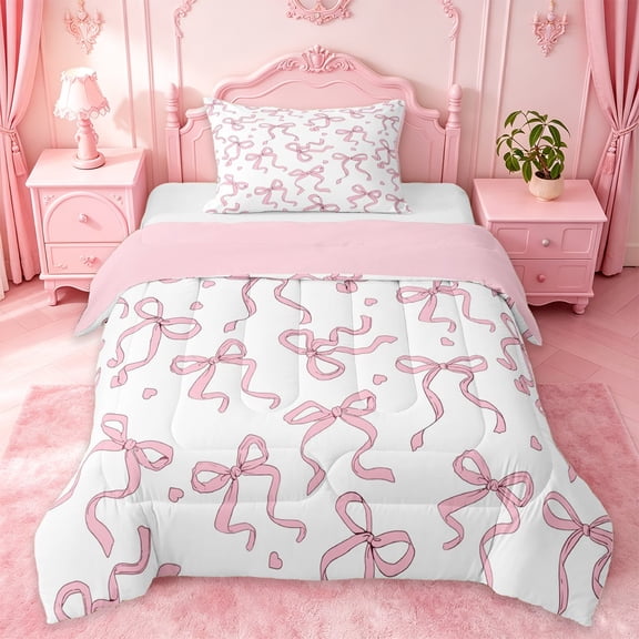 Manfei Pink Bowknot Heart Twin Comforter Sets For Girls,Princess Bow Pattern Bedding Set For Kids,Pink Reversible,2-Piece