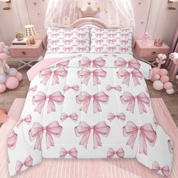 Manfei Pink Bowknot Kids Full Size Comforter Sets,Dreamy Princess Style Girls Bedding Sets For Women,Girly Bow Tie Bed Set Reversible 3-Piece
