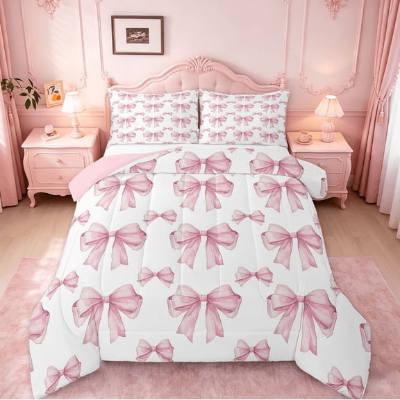 Manfei Pink Bowknot Kids Twin Comforter Sets,Dreamy Princess Style Girls Bedding Set For Women,Girly Bow Tie Bed Set Reversible 2pcs