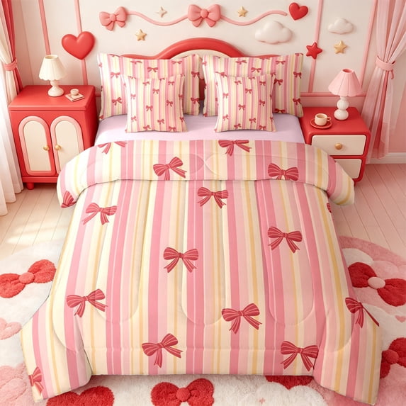 Manfei Pink Bowknot Lines 7-Piece Twin Bedding,Cute Bow Bedding Comforter Set,Pink Reversible
