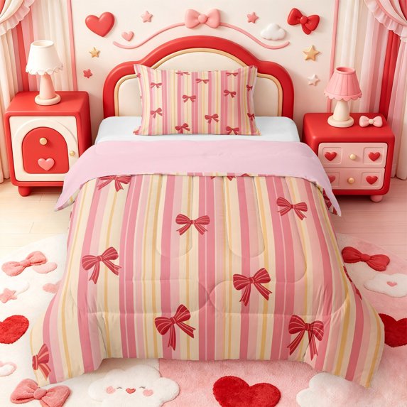 Manfei Pink Bowknot Lines Twin Comforter Sets,Cute Bow Bedding Set,Pink Reversible,2pcs,1 Comforter and 1 Pillowcase