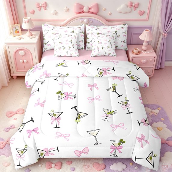 Manfei Pink Bowknot Ribbon 7 Pieces Full Size Bedding Sets,Dreamy Princess Bow Full Size Bed in a Bag,Pink Reversible