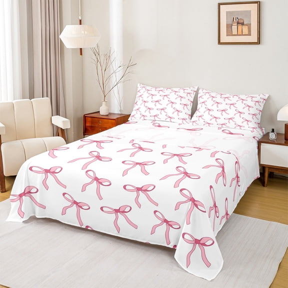 Manfei Pink Bowknot Ribbon Bed Sheets,Cartoon Bow Tie King Sheets,Princess White Pink Sheet Set For Girls,Microfiber Bedroom Decor,4-Piece