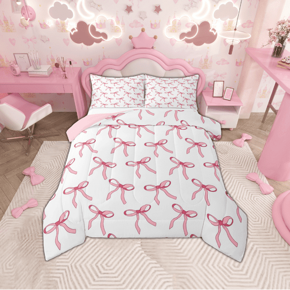 Manfei Pink Bowknot Ribbon Bedding Comforter Set,Cartoon Bow Tie Twin Comforter Sets,Princess White Pink Bedding Set For Girls,Microfiber Bedroom Decor Reversible,2-Piece
