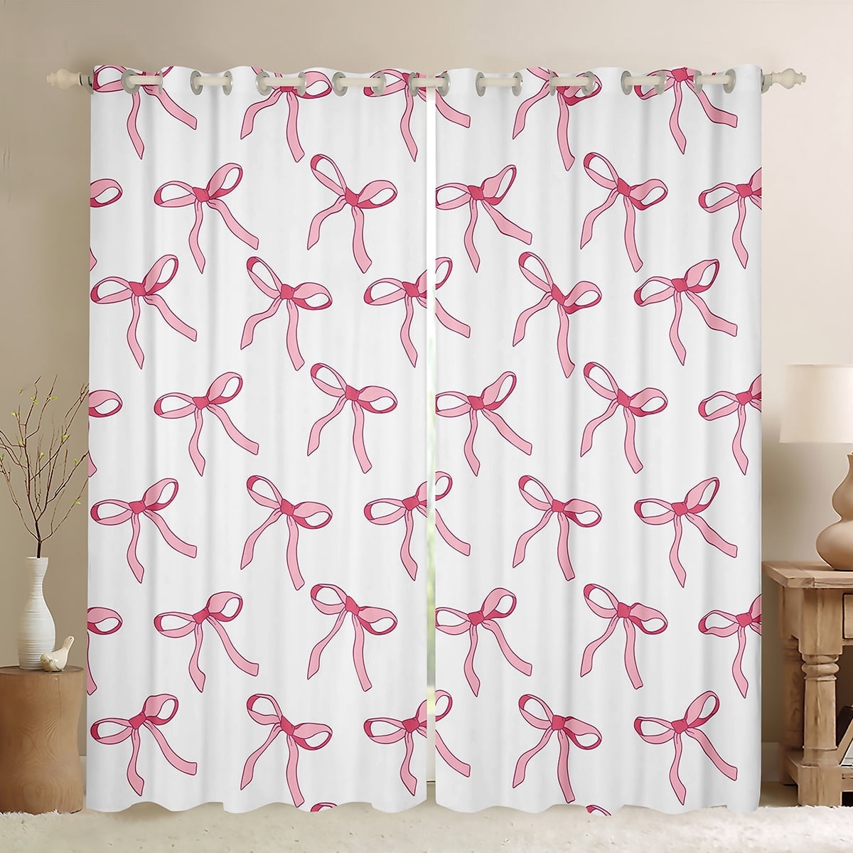 Manfei Pink Bowknot Ribbon Black Out Curtains,Cartoon Bow Tie Curtains Pack of 2 (42x63 Each),Princess White Pink Bedroom Curtains For Girls,Microfiber Bedroom Decor