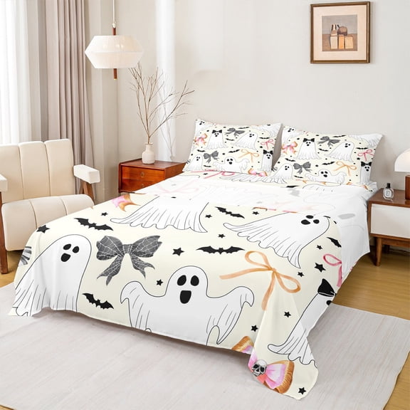 Manfei Pink Bowknot Ribbon Full Size Sheets,Funny Halloween Ghost Bed Sheets,Girls Bowtie Bow Sheet Sets For Girls,Microfiber Bedroom Decor,4 Pieces