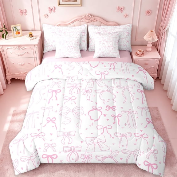 Manfei Pink Bowknot Twin Bedding Sets 7-Piece,Cartoon Heart Print Bedding Comforter Set,Ribbon Bowtie Bow Sheet Sets For Girls,Microfiber Bedroom Decor Reversible