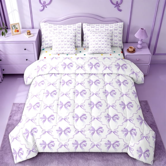 Manfei Pink Bowknot Twin Bedding Sets 7-Piece,Ribbon Bowtie Bow Bedding Comforter Set,Purple White Sheet Sets For Girls,Microfiber Bedroom Decor Reversible