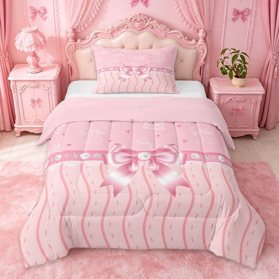 Manfei Pink Bowknot Twin Comforter Sets For Girl,Dreamy Princess Style Bedding Set For Kids,Pink Reversible,2 Pieces