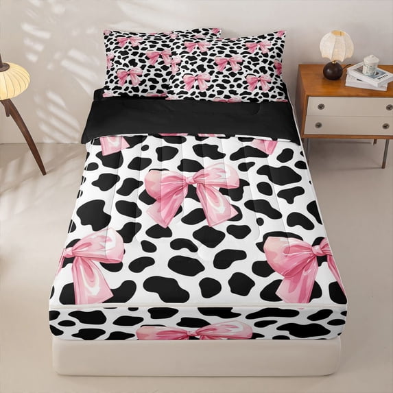 Manfei Pink Bowknot Zipper Full Size Comforter Sets with Fitted Sheet and 2 Pillowcases For Girls,Vintage Farmhouse Cow Print Zipper Bedding Set For Kids,Black Reversible,4-Piece