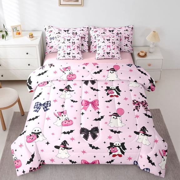 Manfei Pink Bownot Ghosts 7-Piece Twin Bedding,Halloween Theme Pattern Bedding Comforter Set,Pink Reversible
