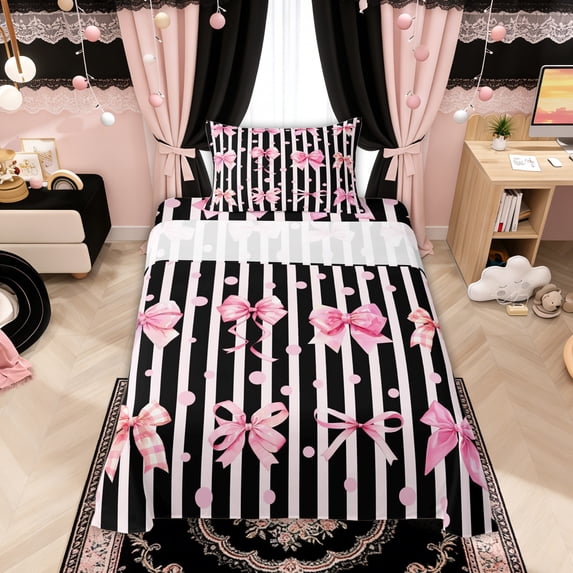 Manfei Pink Bows Black White Stripe Dots Twin Sheet Sets for Girls, Cute Ribbon Bows Bedding, 3pcs