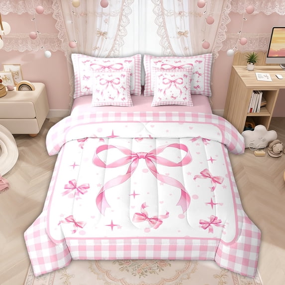 Manfei Pink Bows Checkered Print Twin Bedding Sets for Girls, Cute Ribbon Bows Bedding Comforter Set, Pink Reversible, 7 Pieces
