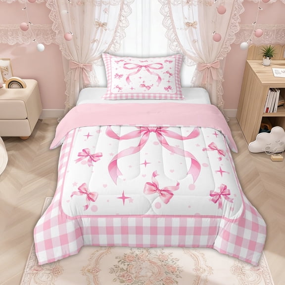 Manfei Pink Bows Checkered Print Twin Comforter Sets for Girls, Cute Ribbon Bows Bedding Set, Pink Reversible, 2 Pieces