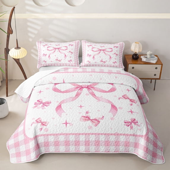 Manfei Pink Bows Checkered Print Twin Quilt Set for Girls, Cute Ribbon Bows Twin Coverlet Set