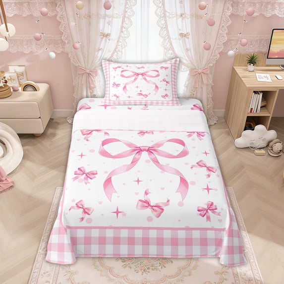 Manfei Pink Bows Checkered Print Twin Sheet Sets for Girls, Cute Ribbon Bows Bedding, 3 Pieces