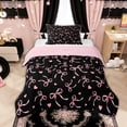thumbnail image 1 of Manfei Pink Bows Love Hearts Black Print Twin Comforter Sets for Girls, Cute Ribbon Bows Bedding Set, Pink Reversible, 2pcs, 1 of 6